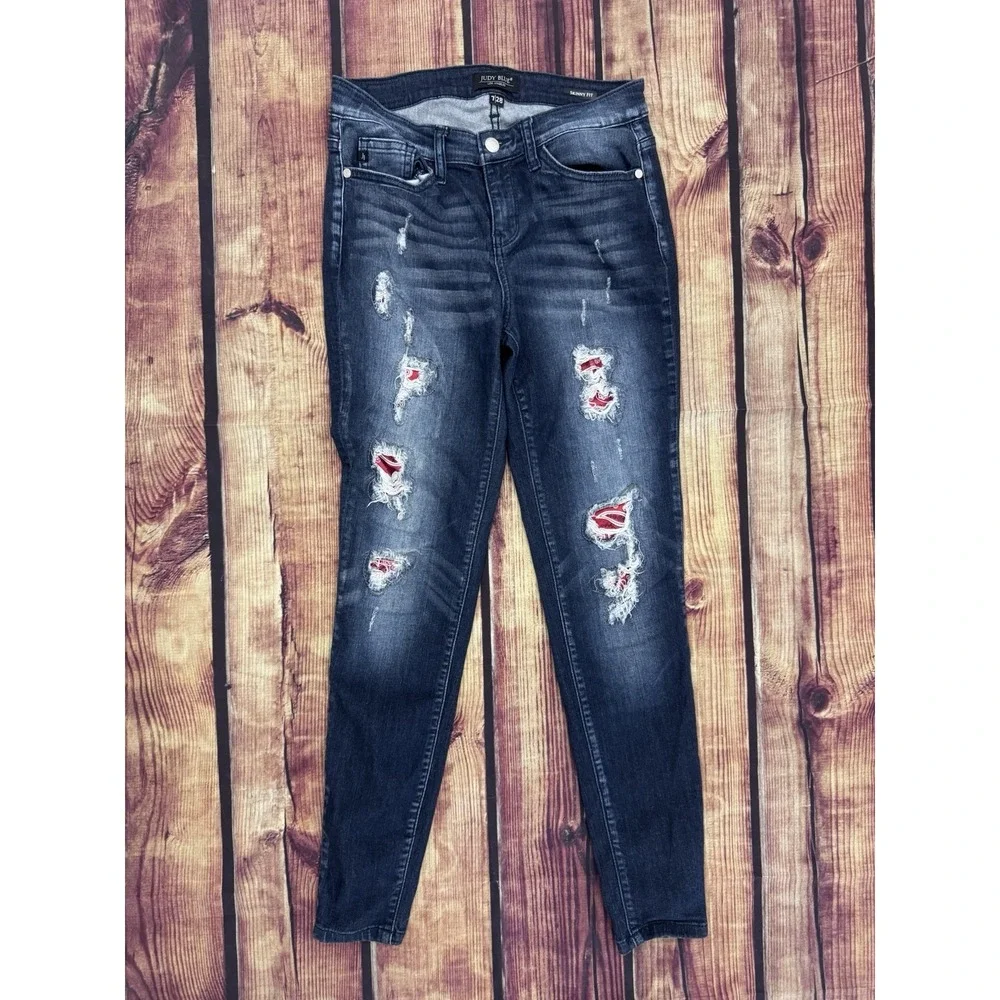 Judy Blue Girls Skinny Dark Wash Distressed Blue Jeans Button Closure
